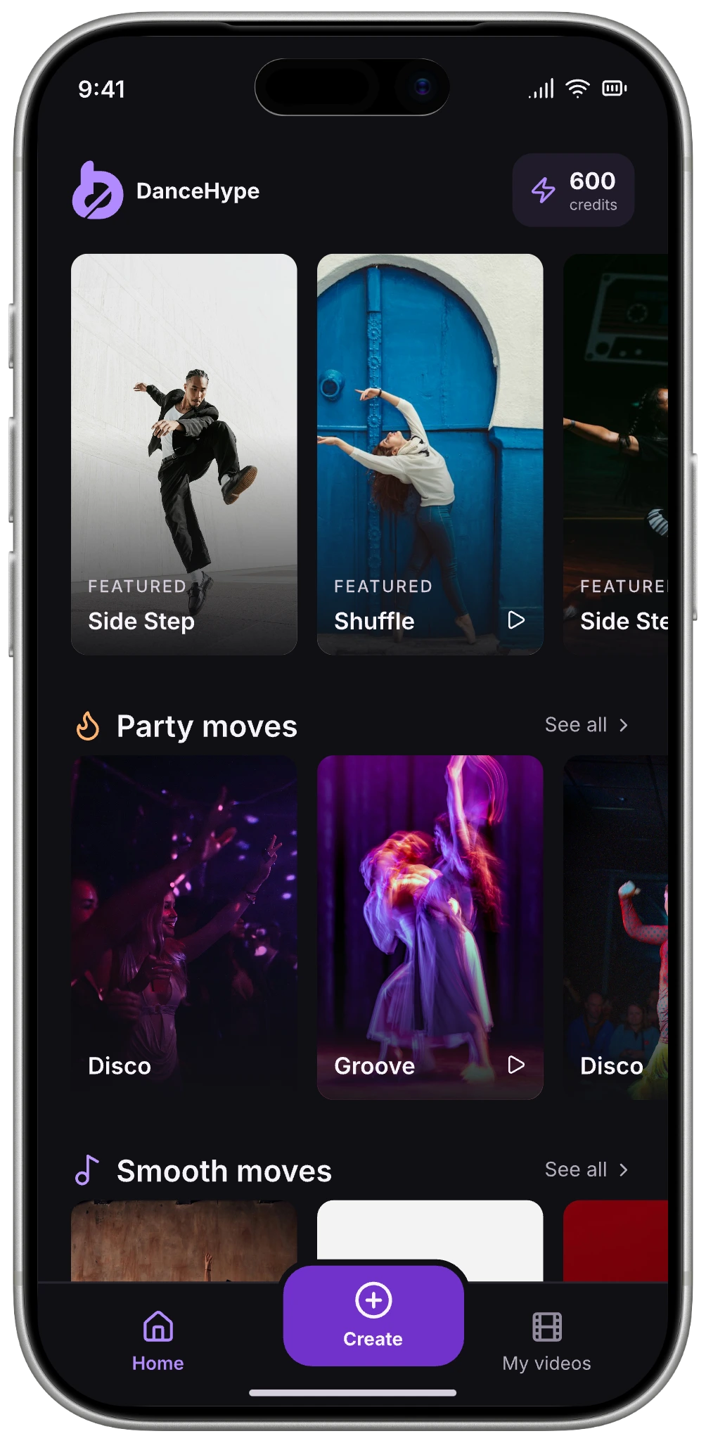 DanceHype on iPhone, showing dance templates and the Create action.